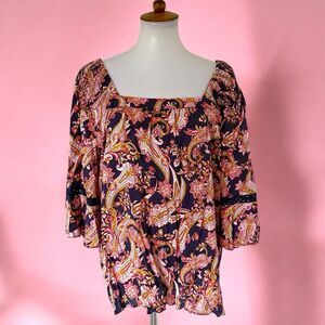 Cato Rayon Paisley Floral Square Neck Bell Flare Sleeves Top Blouse Shirt XL